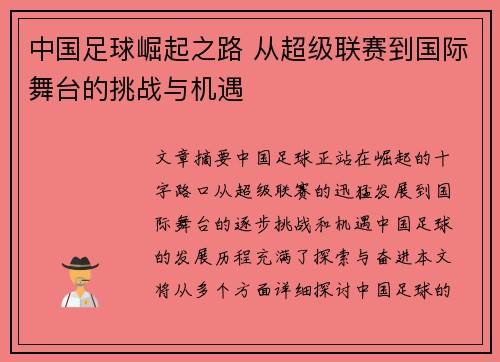 中国足球崛起之路 从超级联赛到国际舞台的挑战与机遇